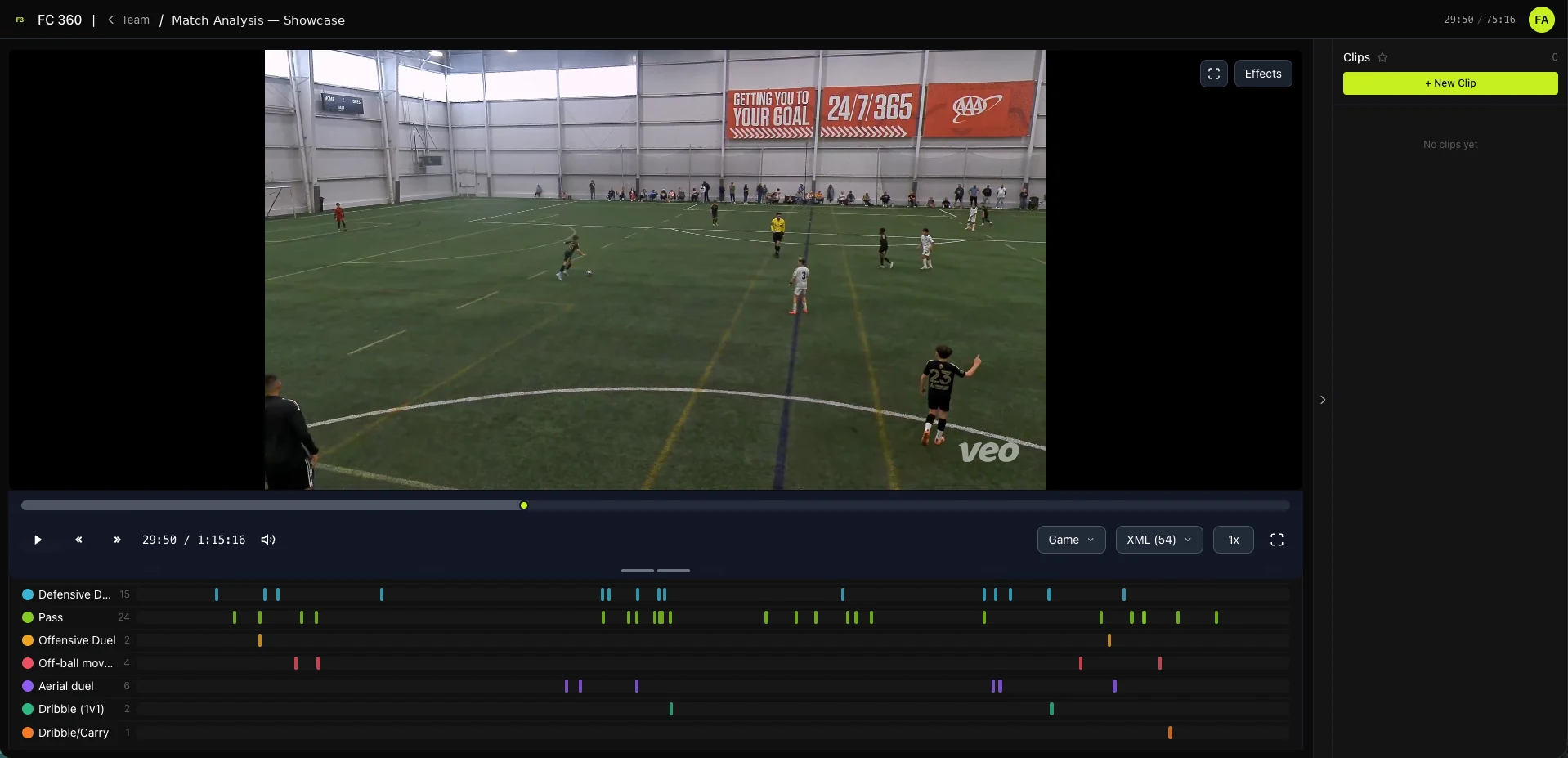 360Cloud video editor: match film with clip timeline, tagged actions, and clip panel